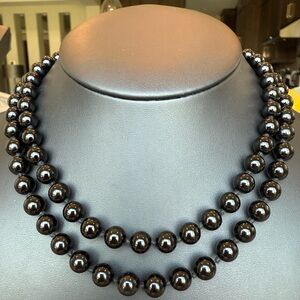 Vintage Black Glass Hand Knotted Beaded Necklace 30” Length